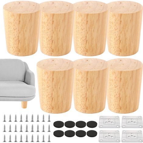 8 Pièces Pieds de Meuble en Bois Droits 6 cm Couleur Chêne Plaques de Fixation, 80 vis et 8 Patins Inclus pour Renouveler un Canapé, une Table ou un Meuble Compatible (1/4)