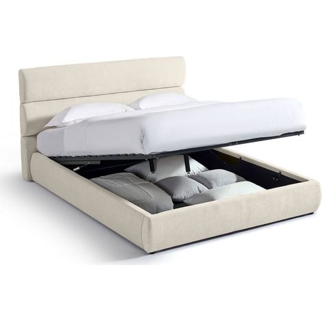 Lit coffre adulte 140x190 cm avec tête de lit capitonnée en tissu chenille beige - Simon