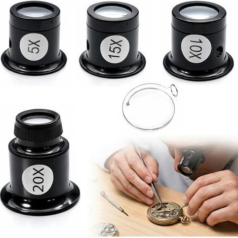 4 Pièces Loupe Horloger Kit 5X 10X 15X 20X Loupe Bijoutier avec Porte-Fil Loupe Grossissante pour Montre Réparation Outils Horlogerie et Détails Précis (1/5)
