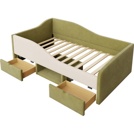 Lit enfant capitonné 90 x 190 cm avec 2 tiroirs, velours vert foncé et ivoire, MODENUIT (1/5)