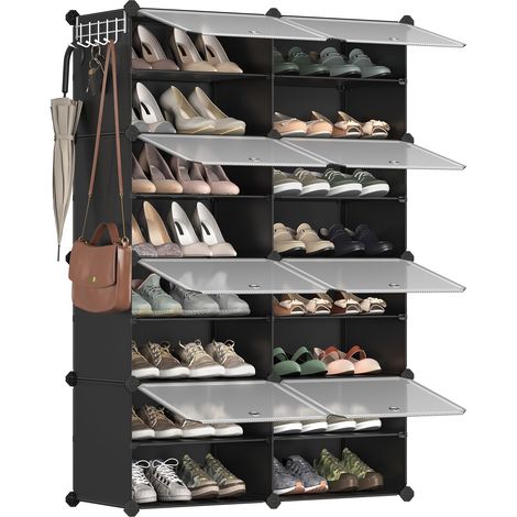 Étagère à Chaussures 8 Compartiments, Étagère de Rangement Modulable, Compartiment de 30 x 40 x 30 cm, avec Porte, Cadre en Acier, Panneaux en Plastique, Noir (1/5)