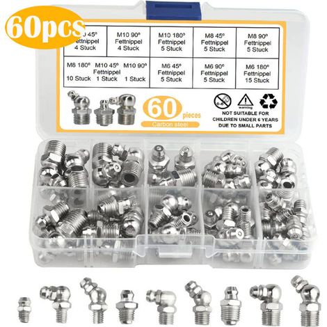 60 Pièces graisseur a visser, Assortiment Graisseur M6 M8 M10, Droit Graisse Raccord 45° 90° 180°, avec Boîte en Plastique, pour Équipement Mécanique, Embout de Graissage Fixations