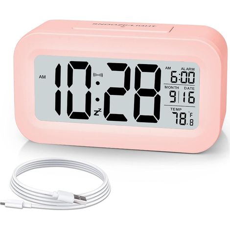 BEBUSINGOTO Despertador digital pequeño, pantalla LCD de 5.1" con cargador USB, función de repetición, minutos, fecha y calendario, alarma de temperatura, color rosa (1/5)