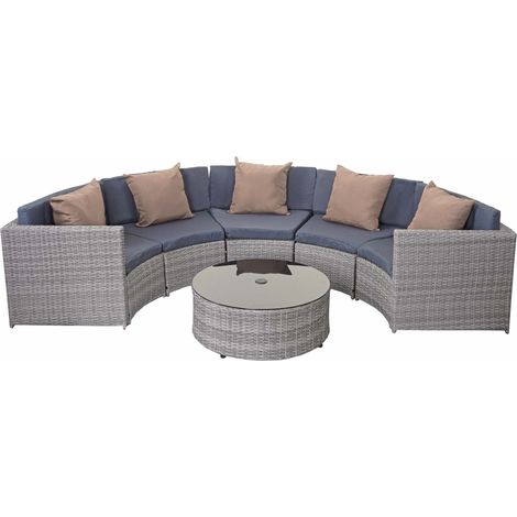 Poly-Rattan Garnitur rund HHG-120, Garten-Set Sitzgruppe grau, Polster dunkelgrau, Kissen beige