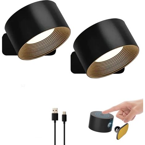 Lampe de style suédois, applique murale rechargeable à LED, pour salle de bain, salon et cuisine (lot de 2, noir). (1/5)