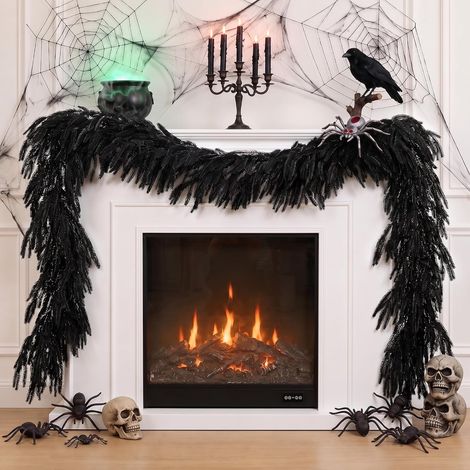Guirlande Artificielle Noire 180cm, Décor Halloween Style Pin de Norfolk Anneaux de Suspension Inclus, pour Cheminée, Escalier, Porte, Table, Ambiance Gothique, Décoration de Fête Halloween (1/5)