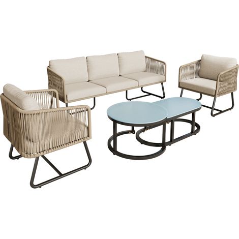 Garten-Lounge-Set mit Rahmen aus verzinktem Eisen, Gartenmöbel-Set aus Seil, verstellbare Füße, Tischplatte aus glattem Glas, 5er-Set, inklusive aller Sitz- und Rückenkissen, Beige