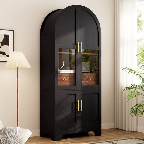 Credenza alta ad arco 180 cm con LED, 4 ante e cassetto, mobile portastoviglie vintage per soggiorno e sala da pranzo, nero (1/5)
