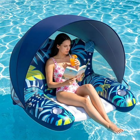 Bouée gonflable avec auvent, pour adultes, pour piscine, plage et lac, bronzage accessoire flottant destiné aux activités nautiques récréatives.-AquaForge (1/5)