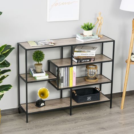 Estantería asimétrica de estilo industrial, madera y metal negro, 120x32x95cm (1/5)