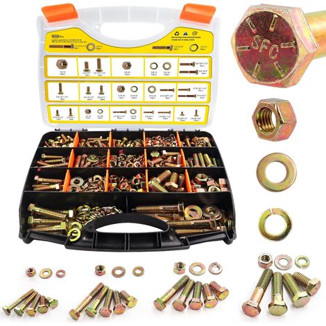 Kit d'assortiment de boulons et d'écrous SAE 800PCS, 1/4-20, 5/16-18, 3/8-16, 1/2-13 Grade 8 Heavy Duty Hex Bolts Nuts and Washers Kit assorti, Plaqué de zinc jaune