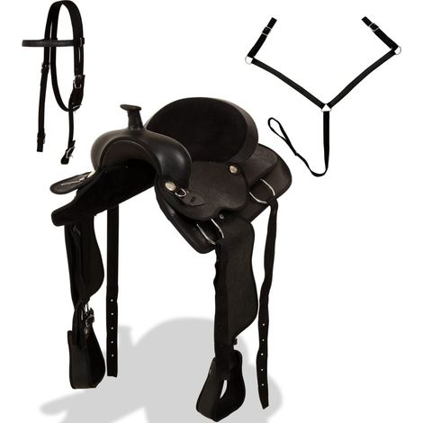 Selle, bridon et col de poitrine Cuir véritable 15 po Noir