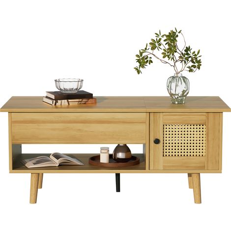 Table basse élégante avec plateau relevable et portes en rotin, finition bois avec accents noirs, idéale pour salon, avec espace de rangement pratique