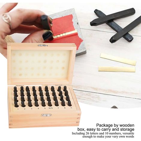 Coffret de 36 poinçons en acier de 5 mm pour lettres et chiffres, avec boîte en bois.
