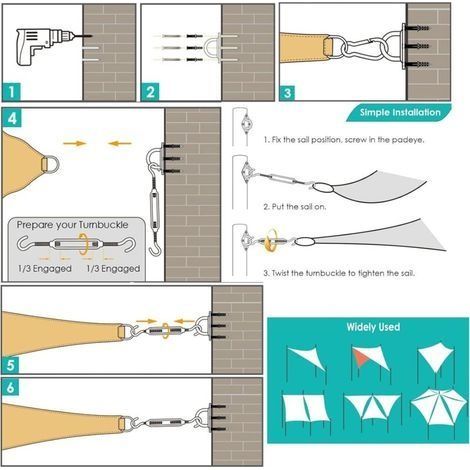44-teiliges Befestigungsset für Sonnensegel, Edelstahl-Montageset für Sonnensegel, Befestigungen für Dreiecke, Quadrate und Rechtecke, Sonnensegel (1/4)