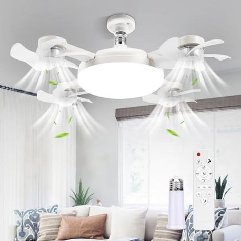 Ampoule Ventilateur Plafond Lumiere E27/B22 Plafonnier Ventilo Plafond Lustre lampe Ventilateurs Plafond à visser sur douille avec Lampe Intégrée 3/4/5 Tete Silencieux Ventilo Led Telecomande (1/5)