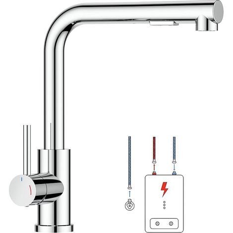 Robinet Cuisine Basse Pression, Robinet Evier Extractible en Forme L, Mitigeur Cuisine 3 Raccords pour Chauffe-eau ou Sous-évier, 2 Jets, Rotation 360°, Chrome Poli, Pression