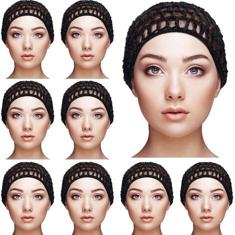 Set mit 9 gestrickten Haarnetzen – Viskose-Strick – Dicke, kurze Schalmütze – Accessoire für die Nacht – Damen (Schwarz) (1/5)