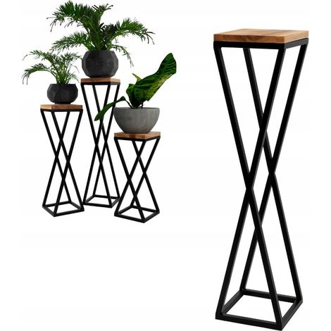 Supporto per fiori da terra in metallo stile loft, in legno chiaro e nero, moderno, stile Vichy, dimensioni 19x19x77 (1/5)