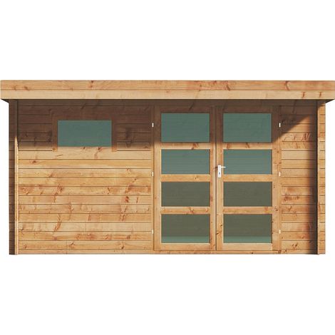 Vente-Unique – Abri de jardin en bois massif traité autoclave – 13 m² – 2 portes doubles – Toit plat – Épaisseur 28 mm – Fabriqué en Europe