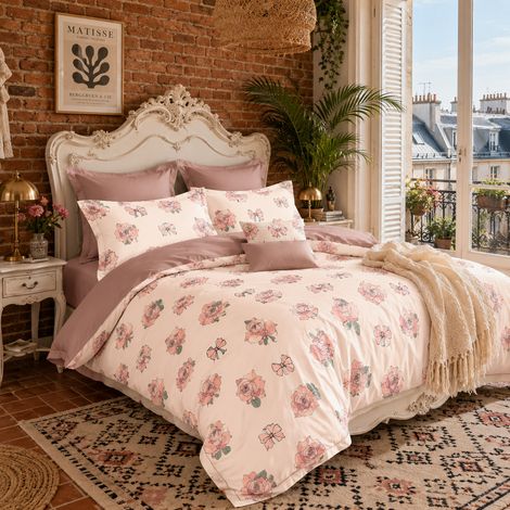 Parure de lit 3 pièces Rose Poudré 100 % satin de coton Housse de couette réversible 200 x 220 cm 2 taies d'oreiller 70 x 80 cm Tissu doux, respirant et à imprimé floral romantique (1/5)
