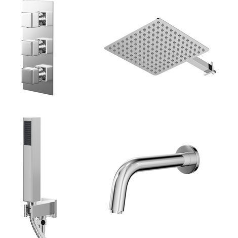 Cubix Polished Chrome Concealed Triple Thermostatic Shower Valve with Diverter and 300mm Square Head with 345mm Wall Arm and Outlet Holder with Kit and Bath Spout - 3 Outlet (1/5)