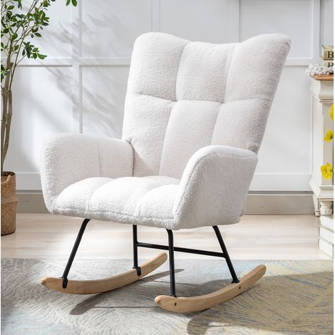 Poltrona a dondolo 65x77x90 cm in peluche bianco, schienale ergonomico - MEUBLIV (1/5)