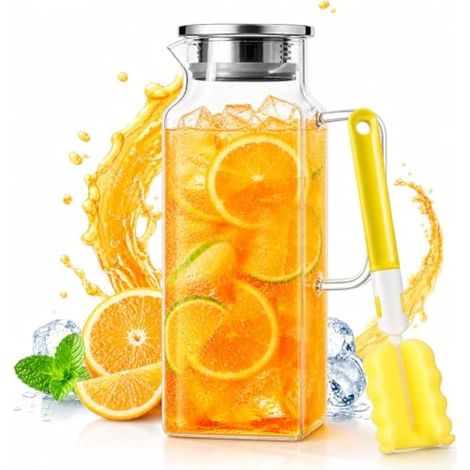 Carafe en Verre Pichet à Eau en Verre 2L Pichet à Jus en Verre avec Couvercle et Poignée, Résistant à la Chaleur, Pichets en Verres avec Goupillon (Couleur Aléatoire) pour Eau Chaude et Froide (1/5)