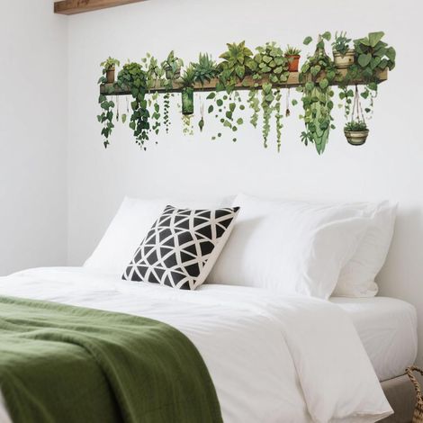Sticker mural - Motif feuilles vertes - Plantes et fleurs - Lierre - Vigne - Pot de fleurs - Décoration murale pour chambre d'enfant, salon, chambre à coucher, couloir, cuisine (1/5)