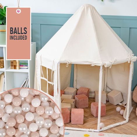 Tenda da gioco per bambini KiddyMoon con 200 palline, casetta pieghevole a forma di padiglione, facile da montare per giocare sia all'interno che all'esterno, colore naturale: beige pastello/bianco/pe (1/5)