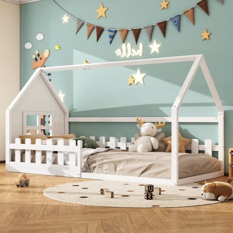 Letto per bambini in legno di pino e MDF bianco 90x200 cm con struttura a casetta e rete a doghe (1/5)
