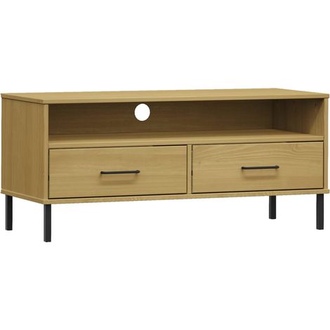 Meuble TV, Étagère TV, Meuble de Salon, Moderne avec pieds en métal Marron Bois de pin massif OSLO OIB9012E (1/5)