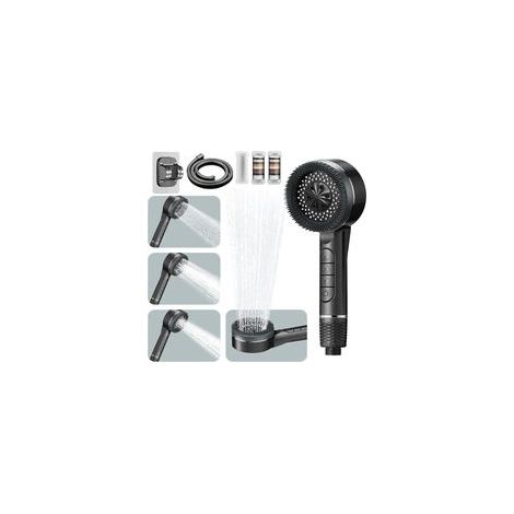 Pommeau de Douche Haute Pression, Pommeau Douche Economie Deau 4 Types de Jets Pommeau de Douche Anti Calcaire avec Tuyau Douche 1.5M et Support de Douche, avec Bouton D'arrêt D'eau, Gris (1/5)