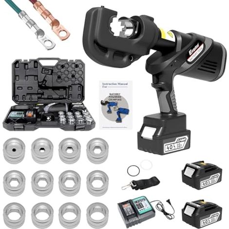 Exqutoo Pince à sertir hydraulique électrique avec 12 matrices hexagonales de taille (16-400 mm2) et 2 batteries lithium-ion 4 Ah et chargeur de batterie, 120 kN, 12 tonnes, kit de sertissage pour (1/5)