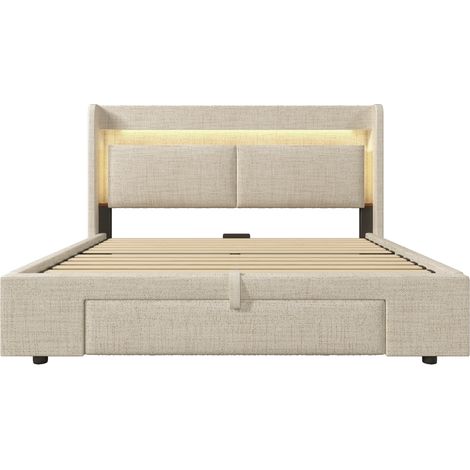 Bett mit Bettkasten 140 x 200 cm in beigem Leinen, LED-Kopfteil, USB/USB-C, Matratze inkl. (1/5)