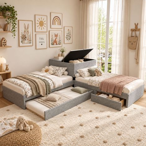 Lit d’angle multifonction 90x200 cm en lin gris, 2 couchages avec lit gigogne, armoire et tiroirs de rangement, sommier inclus, sans matelas