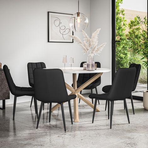 Malvern Round Dining Table And Chairs - Marble Table Top w Solid Oak Legs + Nova Faux Leather Dining Chair Set Of 6 (Black) (1/5)