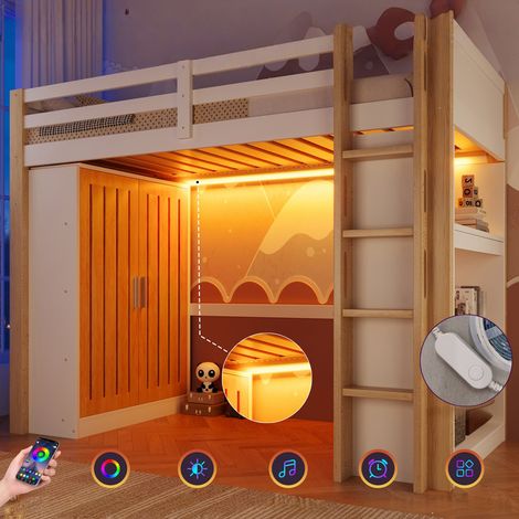 Lit mezzanine superposé 90x200 cm avec LED, armoire, étagère, blanc et bois naturel, idéal chambre enfant ou petit espace – BATDTECH (1/5)