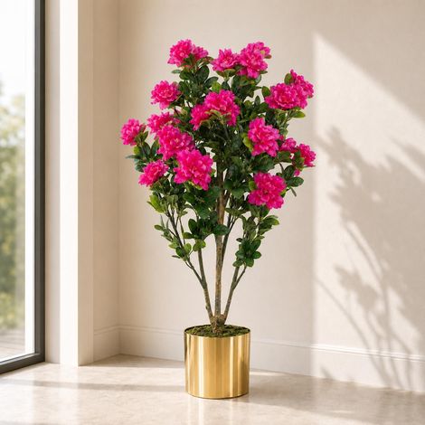 100cm Premium Artificial Azalea Pink Flowers Potted Plant with Gold Metal Planter (1/5)