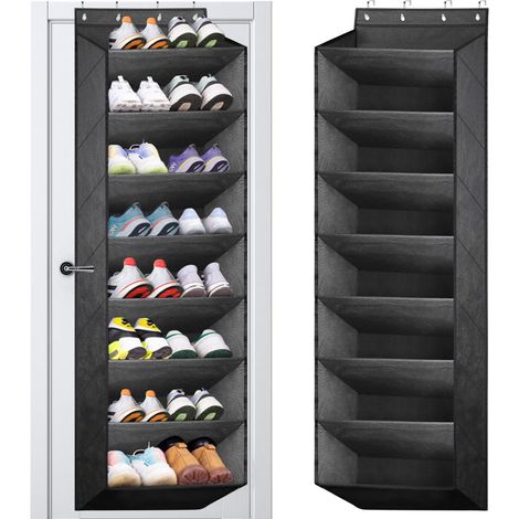 Étagère à chaussures à suspendre - Avec 8 poches profondes - Convient pour 20 paires de chaussures - Avec 4 crochets en métal - Noir (1/5)