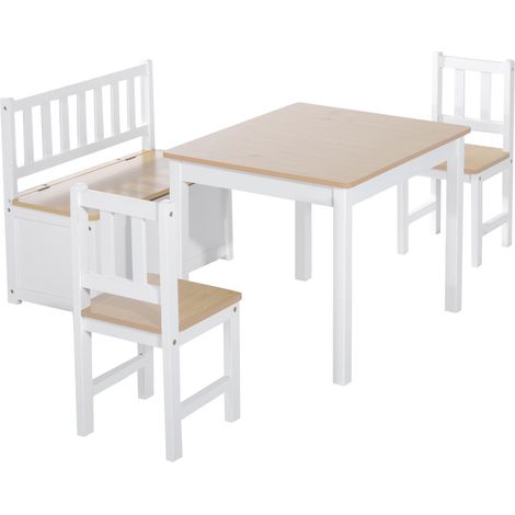 4-Piece Kids Table Chair Set with 2 Wooden Chairs, 1 Storage Bench, Interesting Modern Design, Beige/White (1/5)