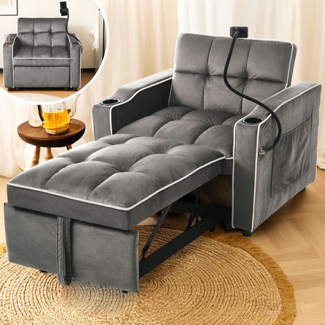 Poltrona Relax 83x167x76 cm in Velluto Grigio Scuro, 3-in-1 con Portabicchieri (1/5)