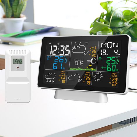 Decdeal 7,5 -Zoll großes DisplayTuya WiFi 328 Fuß （100 m) Erfassungsabstand drahtloser Wetterstation Thermometer im Innenraum im Freien mit Regenmesser und Windgeschwindigkeitsvorhersage Wunderground 