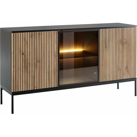 Aparador Manal I, Negro + Roble wotan, 83x154cm, Número de puertas: 039cm, Aglomerado laminado, Vidrio, LED