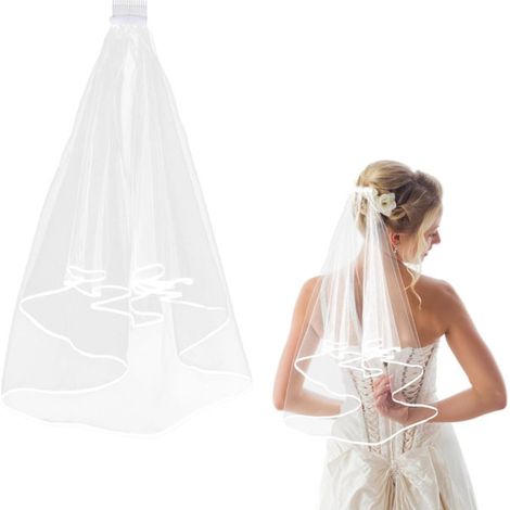 Voile de mariée court avec peigne, voile de mariée en tulle à 2 couches, longueur coude, bordé d'un ruban, 60-80 cm / 23-31 pouces (1/5)