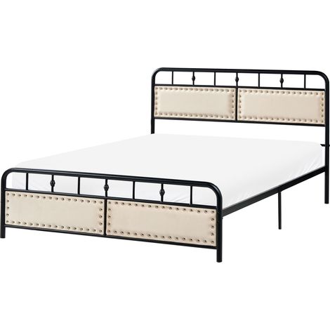Letto in metallo 140 x 200 cm con rete e testiera rivestimento in tessuto beige telaio in ferro nero Breuillet