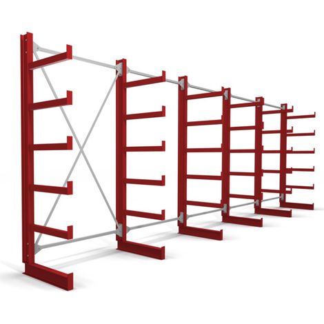 Stier – Rayonnage à bras en porte-à-faux – 5 travées, 5 niveaux – Capacité 200 kg par bras – Largeur 6500 mm, Hauteur 2000 mm, Profondeur 500 mm (1/4)