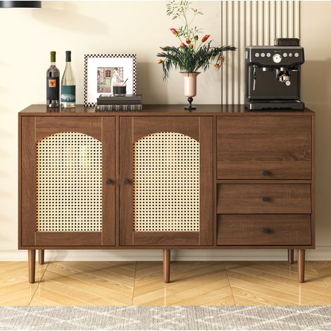 Aparador 130x40x75.5 cm color madera en tablero de partículas con puertas de ratán y estantes ajustables (1/5)