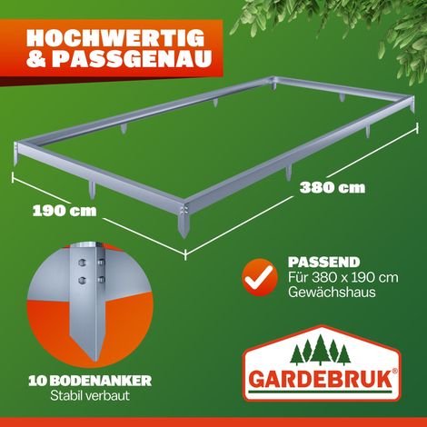 GARDEBRUK® Base para Invernadero Acero Galvanizado Anclaje Terreno incl. Material Montaje 380x190cm (de) (1/4)