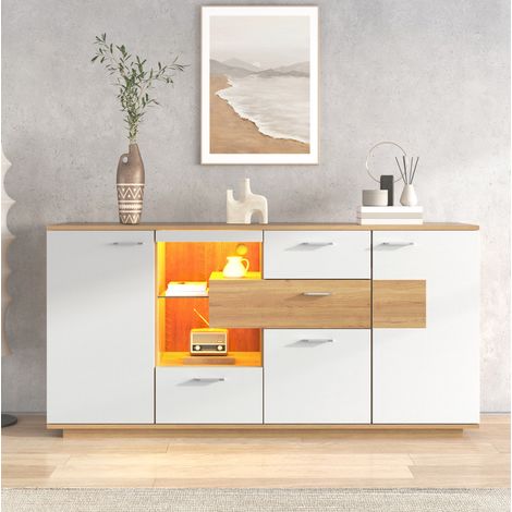 Sideboard 160x40x77 cm Weiß und Holzoptik aus MDF mit LED-Beleuchtung, 2 Türen, 4 Schubladen und viel Stauraum (1/5)